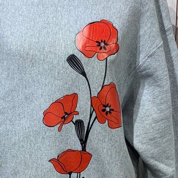 Hand Printed Upcycled XL Red Poppy Flower PolyCotton Long Sleeve Sweatshirt - Picture 2 of 3